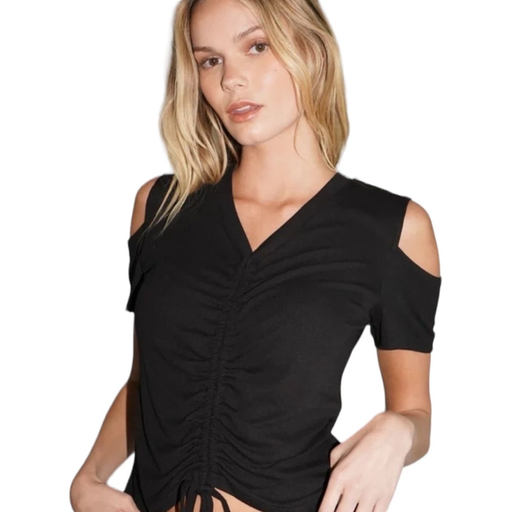 LNA Clothing Black Ribbed V Neck Shoulder Cutout‎ Size 1X New